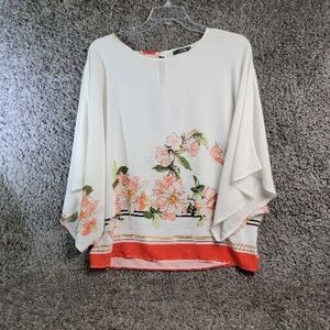 Quiz Womens Chiffon Top Size M-L White/ Peach With‎ Floral Blouse Style Jk18139